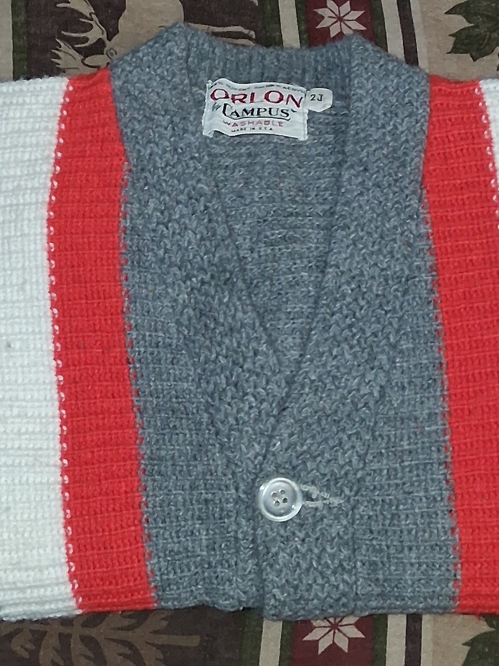 Vintage 60s Campus Orlon Cardigan Boys 12 Grey Red White Striped Mod Sweater USA